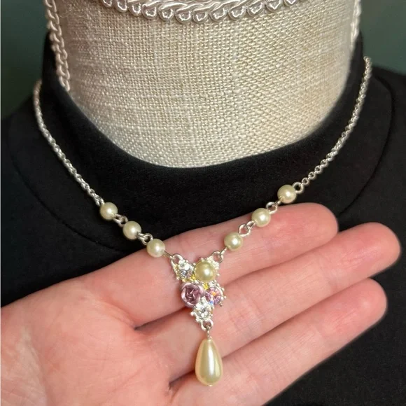 Vintage SAO Victorian Revival Faux Pearl, Bead, Rose, & Rhinestone Necklace - Picture 1 of 4